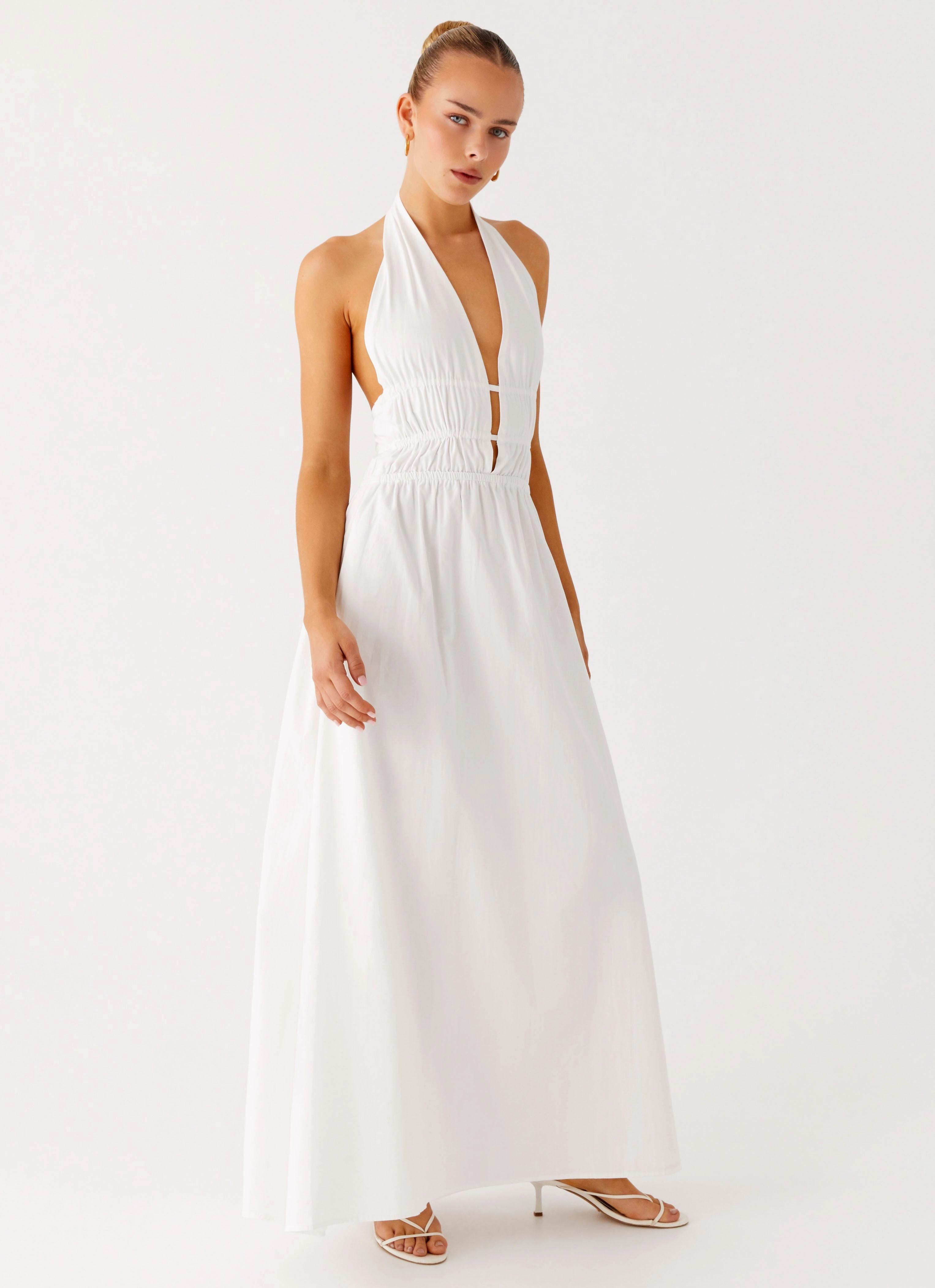 Vibrant Waist Figaro Halter Maxi Dress - White