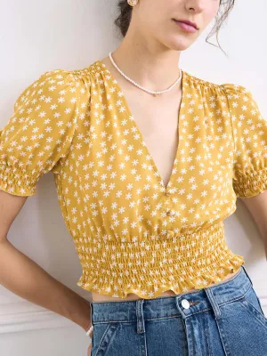 ??Final Sale ??Reina V Neck Puff Sleeve Floral Top Sweat Absorbent Inner Layer