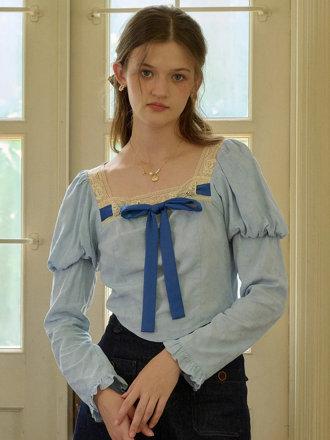 ??Final Sale??Aaliyah Square Collar Bow Light Blue Blouse BreathableFabricTech