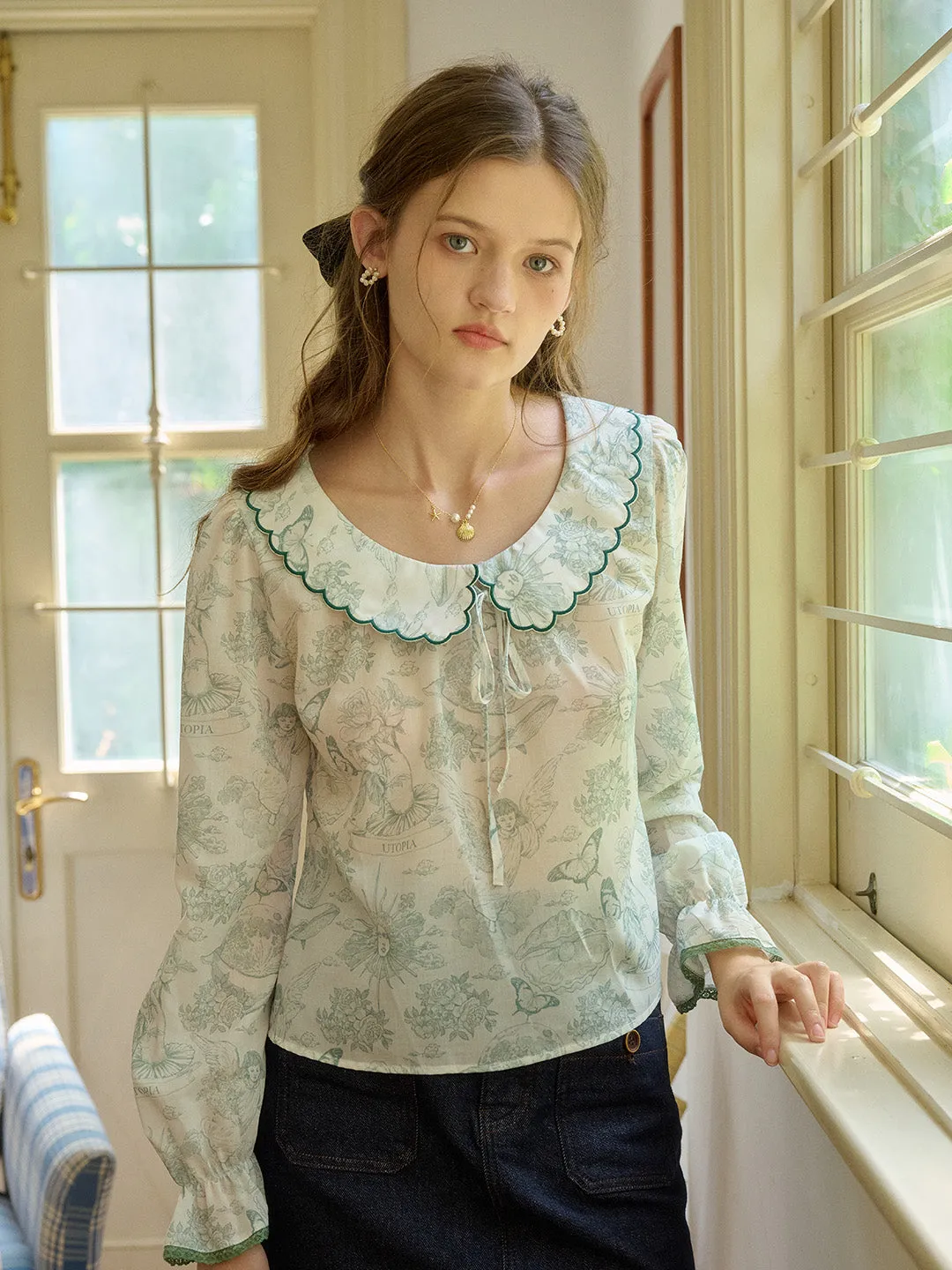 ??Final Sale??Aila Contrast Lace-up Lapel Puff Sleeve Lace Floral Print Blouse Odor Resistant Adjustable Hem Cuff