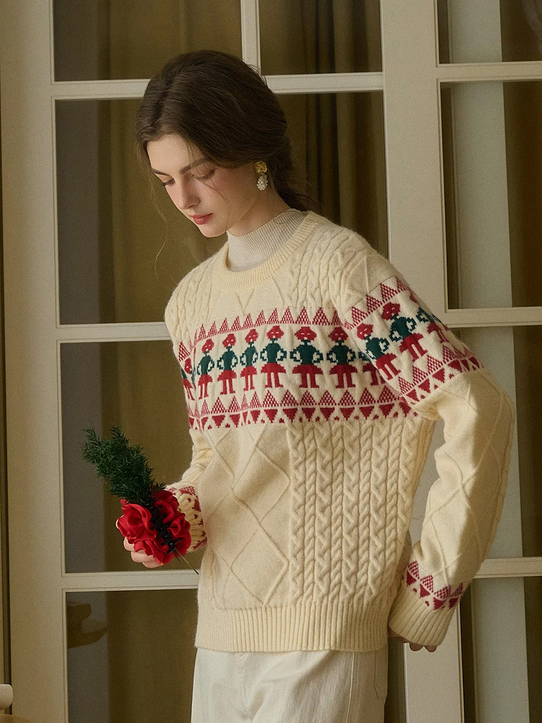 Yarn Dyed Stripes ??Final Sale??Alianna Fair Isle Ribbed Round Neck Christmas Pattern Knit Sweater