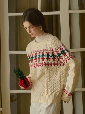 Yarn Dyed Stripes ??Final Sale??Alianna Fair Isle Ribbed Round Neck Christmas Pattern Knit Sweater