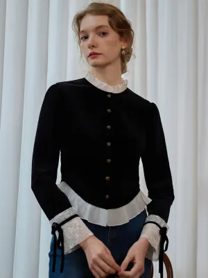 ??Final Sale??Alice Contrast Lace Ruffle Trim Velvet Blouse MicrofiberTech