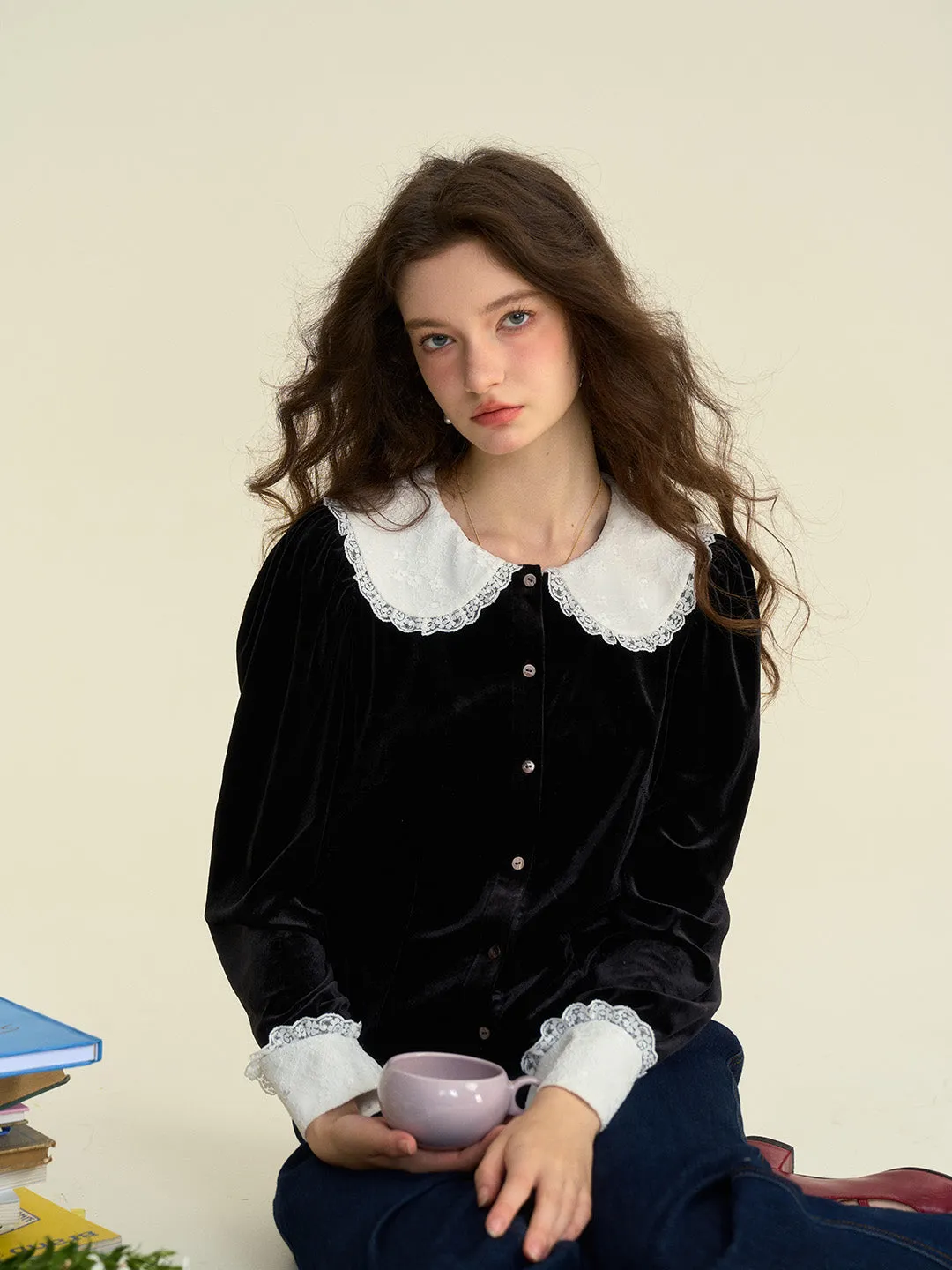 ??Final Sale??Allyson Peter Pan Collar Lace Lace Embroidery Shirt DoubleStitching