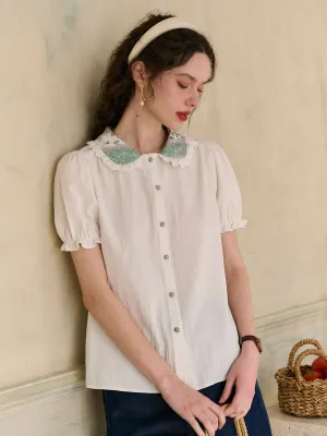 Quick-Dry Fabric HighDensity Weave ??Final Sale??Alondra Lace Floral Contrast Doll Collar Puff Sleeve Cotton Blouse