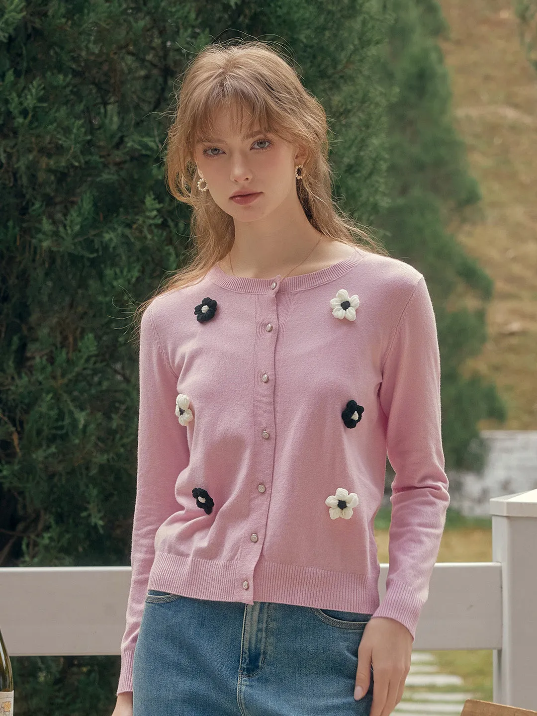 ??Final Sale??Amabel Round Neck Flower Cardigan Snag Resistant Fabric GarmentDyed