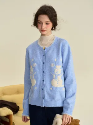 Soft Brushed Lining ??Final Sale??Amabel Round Neck Snowman Wool Cardigan