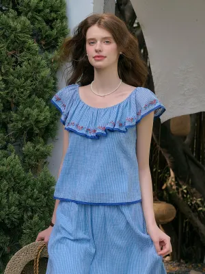 ??Final Sale??Amelia Ruffle Neck Floral Embroidery Top Anti Static Weave Technology