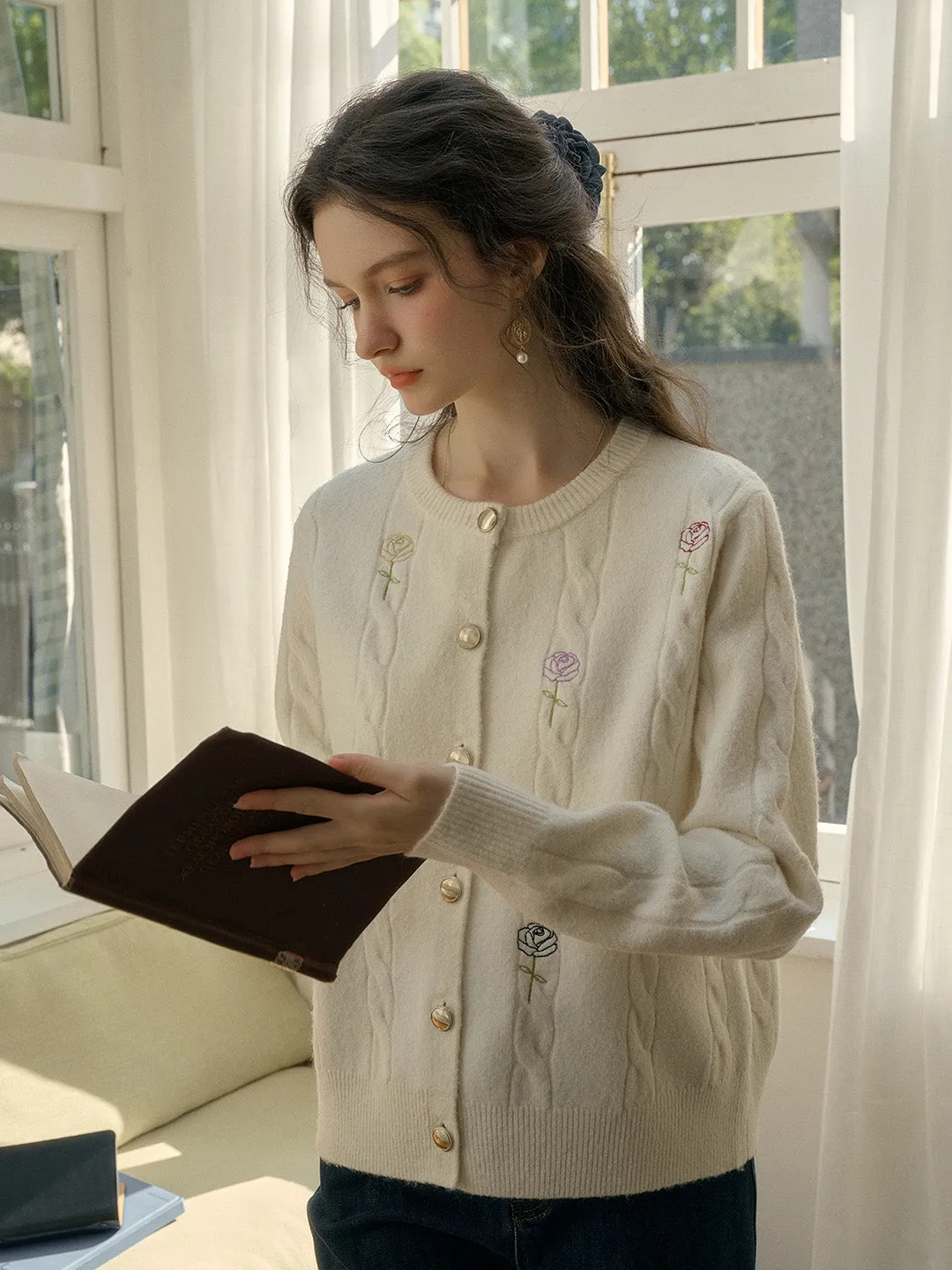 ??Final Sale??Amyra Ribbed Round Neck Embroidery Cardigan Easy Care Material