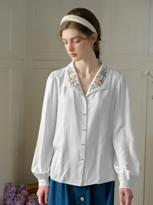 Ultra Soft Texture ??Final Sale??Anne Embroidered Contrast Color Casual Daily Fashionable Elegant Charming Blouse