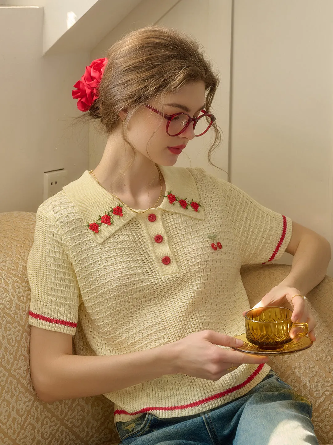 MoistureWickingMaterial ??Final Sale??Ariana Round Neck Embroidery Top