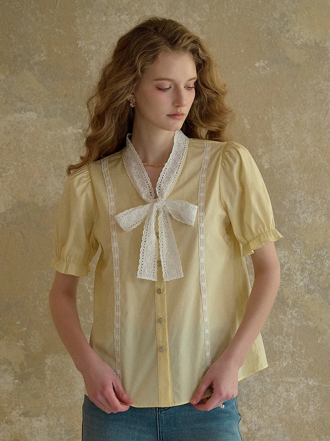 Warm Fabric ??Final Sale??Calliope V-Neck Bow 100% Cotton Blouse