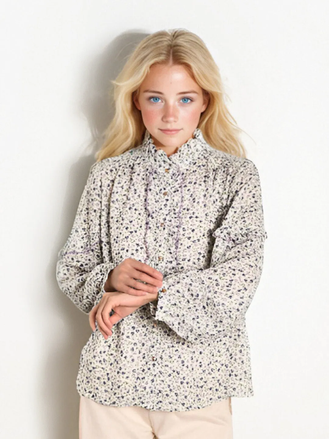 HighStretch Wrinkle Resistant Weave ??Final Sale??Celia Stand-Up Collar Printing Collision Long-Sleeved Shirt