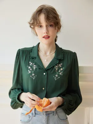 Recycled Fiber Blend ??Final Sale??Convallaria Floral Embroidered Green Puff Top