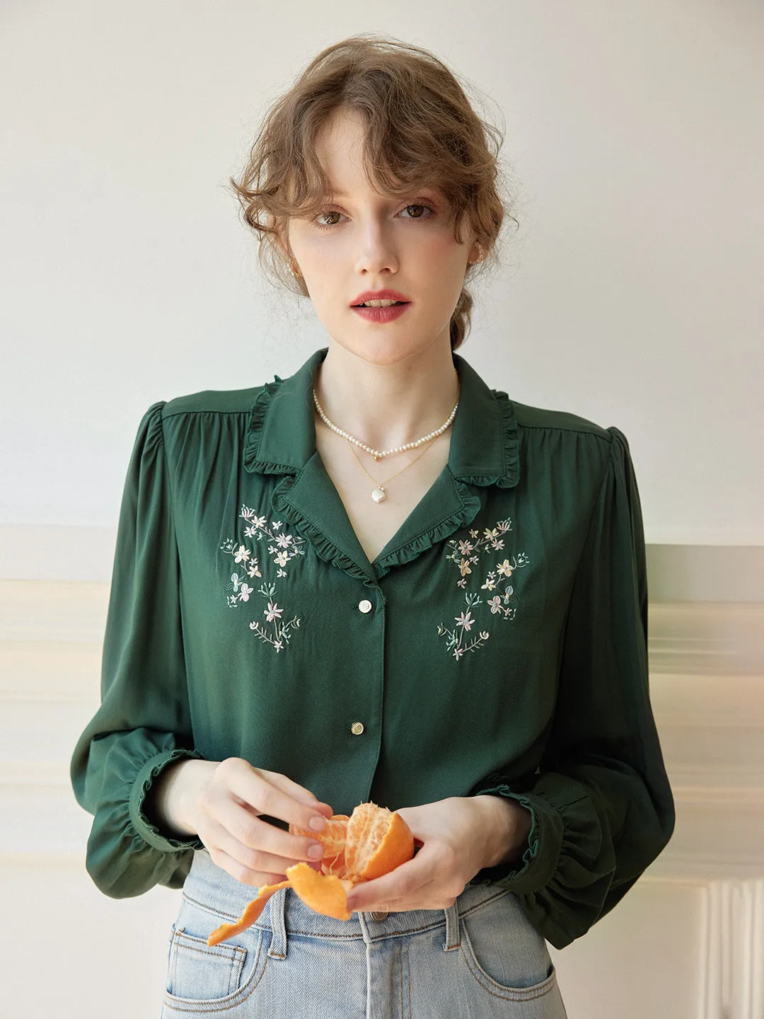 Anti Pilling Technology ??Final Sale??Convallaria Floral Embroidered Green Puff Top