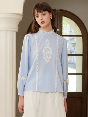 ??Final Sale??Deborah Elegant Half Turtleneck Lace Panel Blouse Classic Polo Airflow Weave Pattern