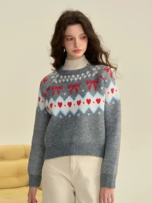??Final Sale??Elina Round Neck Ribbed Embroidered Bow Heartcore Sweater RelaxedNeckline