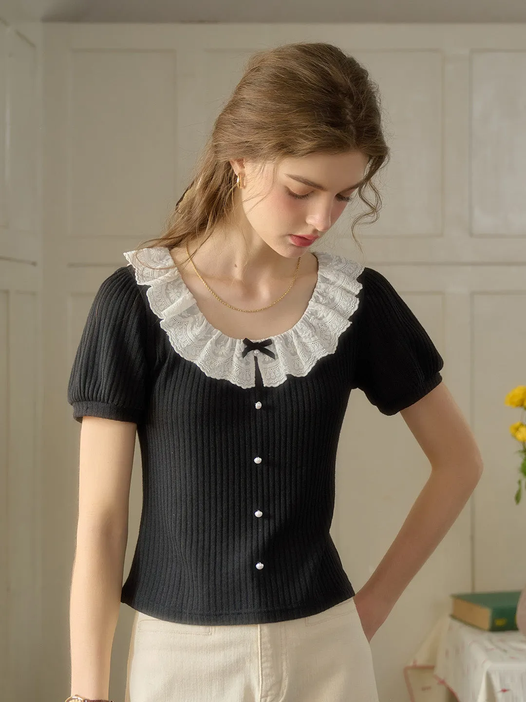 ??Final Sale??Ella Peter Pan Collar Bow Blouse High Neckline
