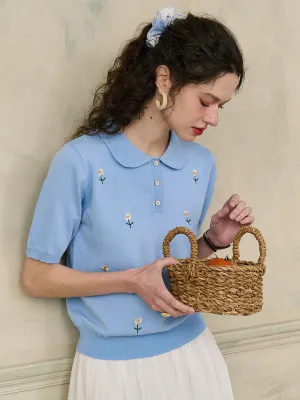 ??Final Sale??Ellianna Peter Pan Collar Embroidery Blouse NonIrritating EthicallySourced