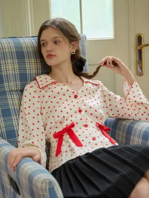 ??Final Sale??Emiliana V-Neck Polka Dots Bow Contrasting Blouse WaffleWeave