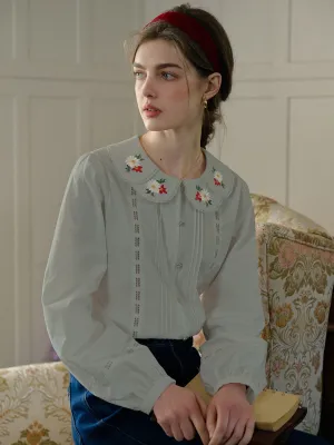 ??Final Sale??Gracelyn Peter Pan Collar Embroidery Blouse - Gray Tencel Cotton Hybrid Weave