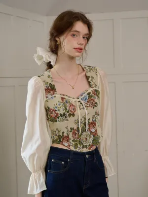 ??Final Sale??Hana French Square Neck Bow Bell Sleeve Floral Patchwork Eedwardian Style Top Seamless Design Airflow Mesh Lining
