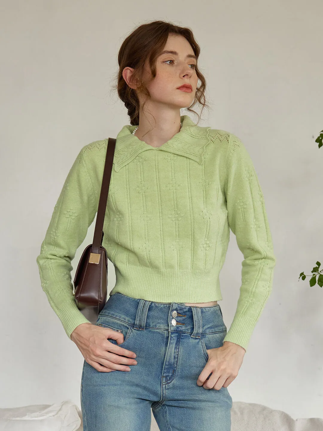 ??Final Sale??Jasmine Cable Polo Green Knit Sweater Low Profile Stitching