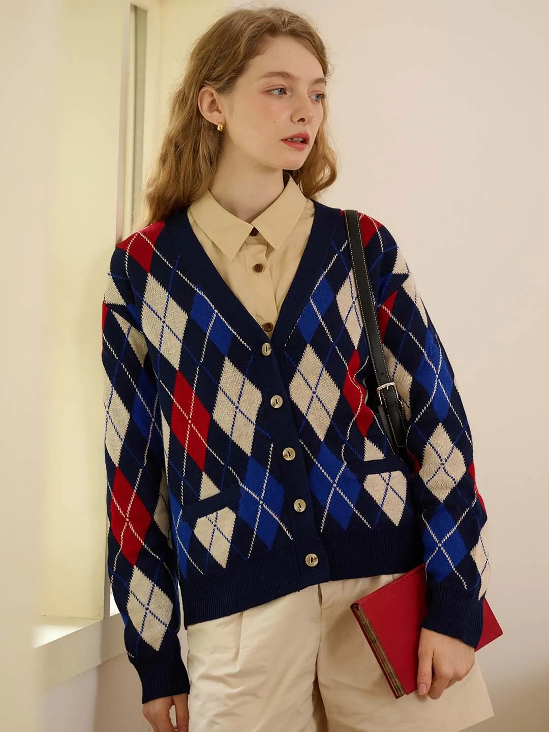 Anti Pilling Treatment ??Final Sale??Jolene Argyle Patterned Dark Blue Knit Cardigan