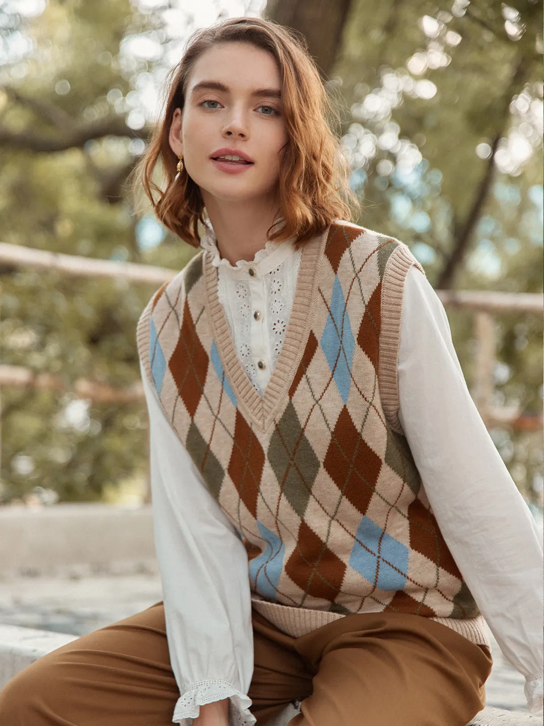 Hidden Pocket ??Final Sale??Jolene Argyle Patterned Knit Vest Sweater