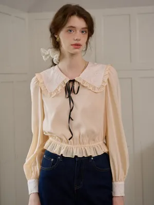 ??Final Sale??Jolie Doll Collar Contrasting Lace-up Pleated Blouse Biodegradable Fiber Blend