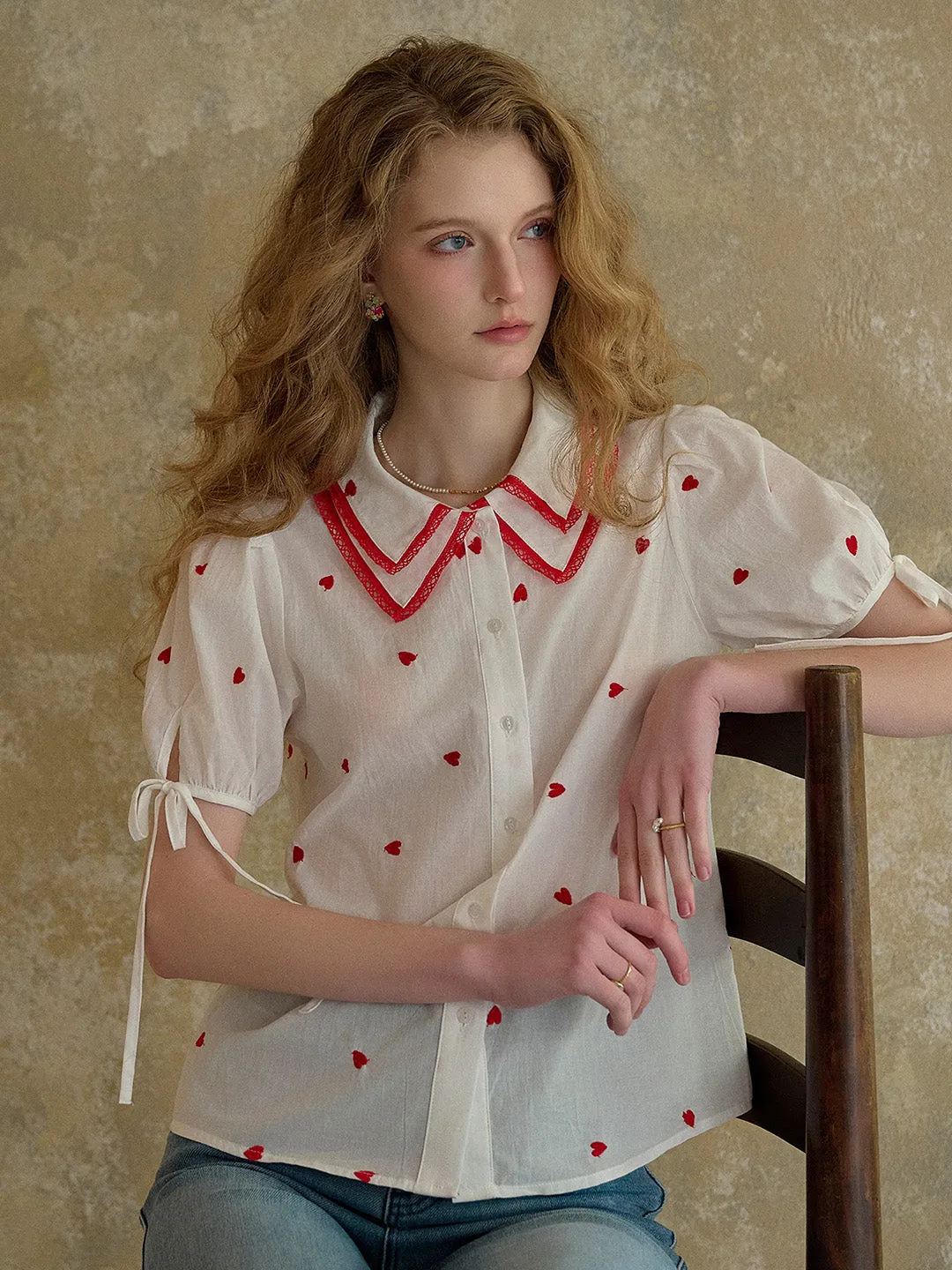 ??Final Sale??Kelsey Double Collar Embroidery 100% Cotton Blouse High Stretch Fabric