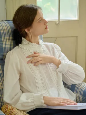 Ribbed collar Modern Design ??Final Sale??Kiana Mock Neck Embroidered Cotton Eedwardian Style Blouse