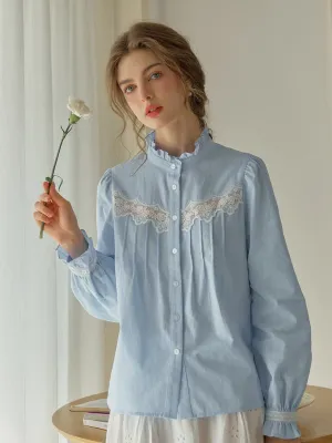 ??Final Sale??Kitty Wavy Stand Collar Lace Blouse - Blue Soft Pullover