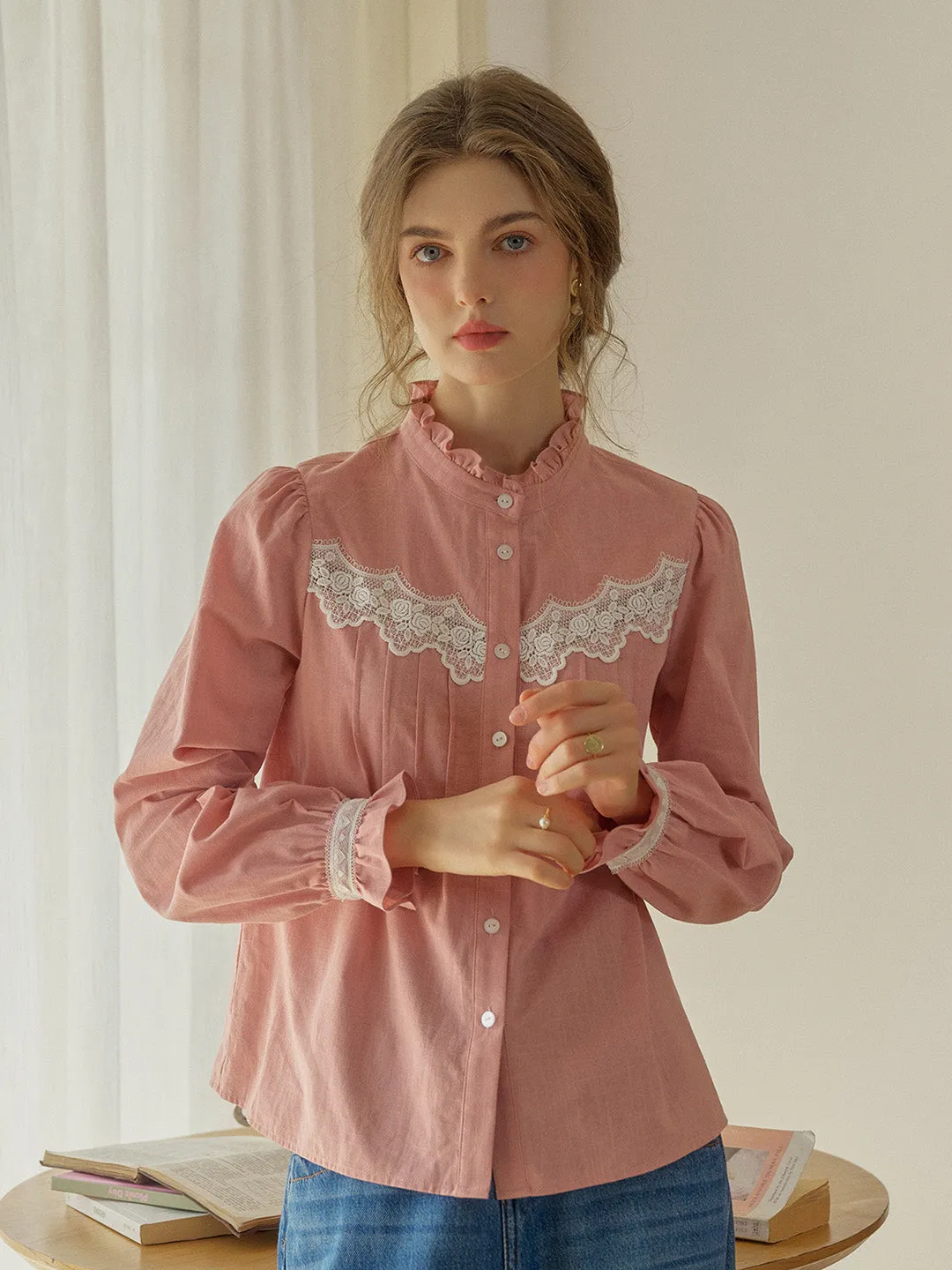 Ergonomic Pattern Design Tactile Soft Texture ??Final Sale??Kitty Wavy Stand Collar Lace Blouse - Pink