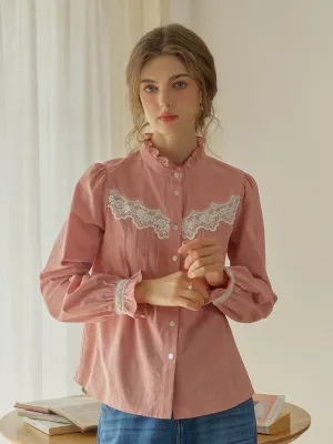 ??Final Sale??Kitty Wavy Stand Collar Lace Blouse - Pink ReinforcedEdges
