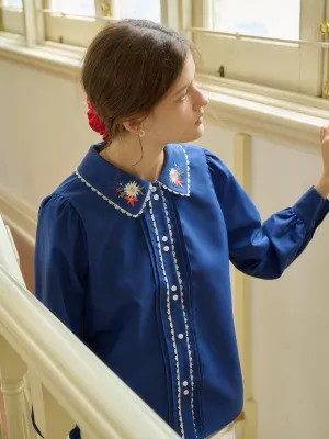 ??Final Sale??Kylee Contrast Floral Embroidered Lapel Lace Panel Shirt Stretch Weave Construction