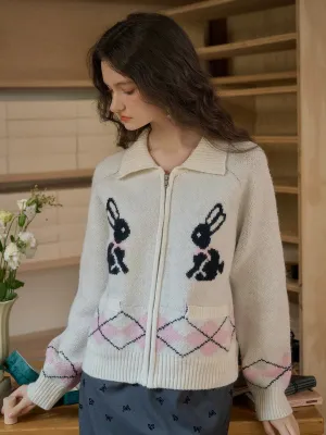 MinimalistAesthetic ??Final Sale??Layne Lapel Clashing Rabbit Embroidery Zip Cardigan