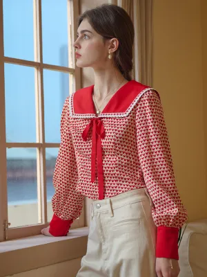 ??Final Sale??Liberty Navy Collar Contrasting Bow Heartcore Blouse BrushedInnerLining