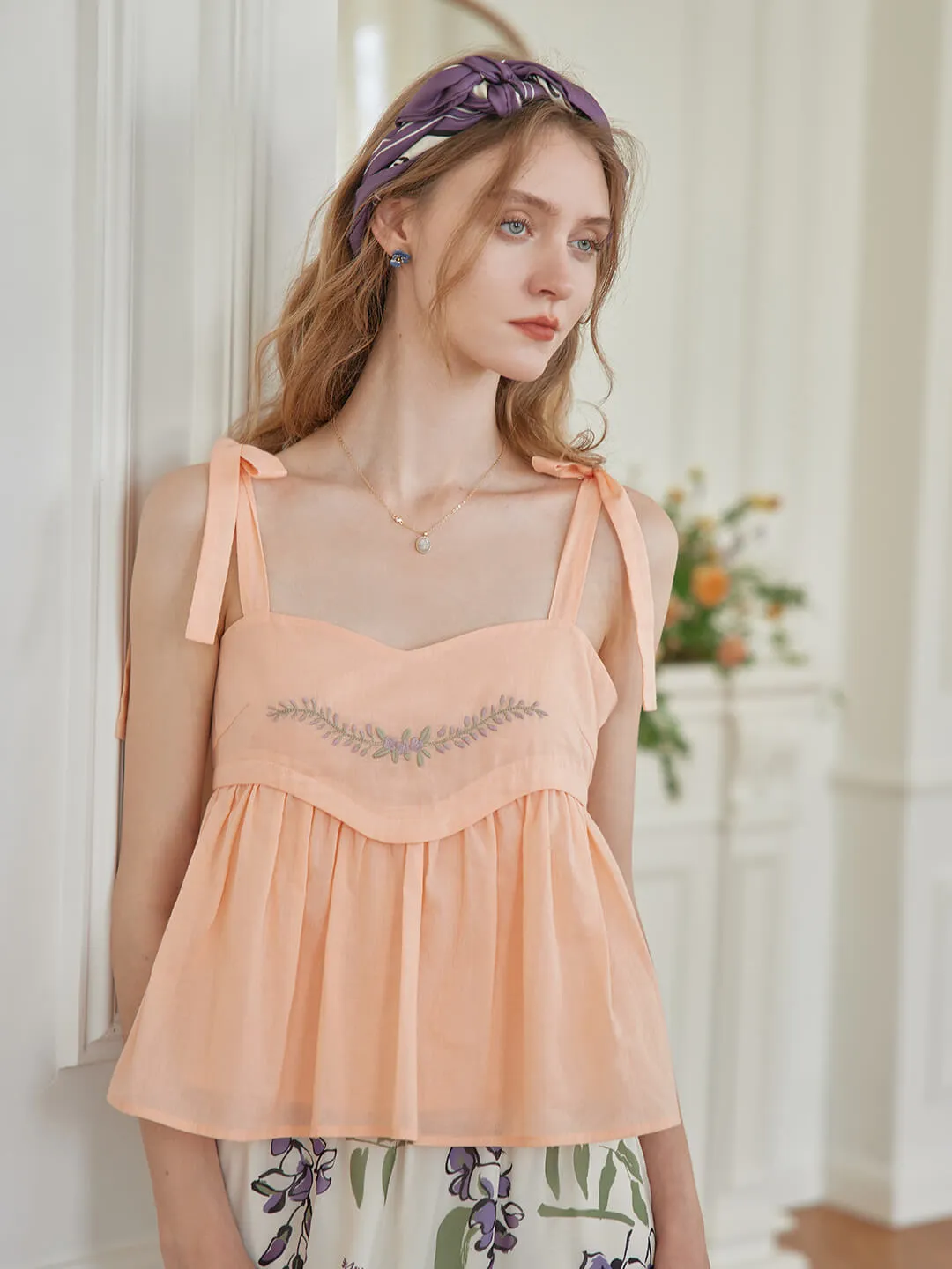 Moisture wicking Silicone Print Detail ??Final Sale??Lucy Embroidered Orange Lace-up Tank Top