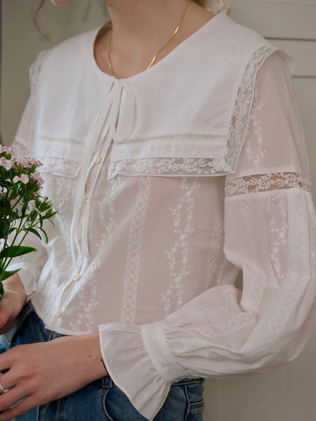 ??Final Sale??Madilynn Embroidered Cotton Blouse With Removable Collar NonToxicCoating