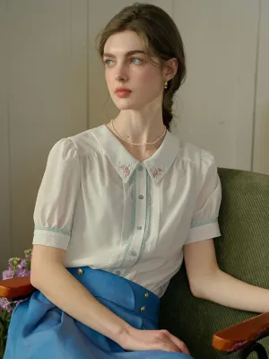 Stretch Fit Rolled Hem Finish ??Final Sale??Maia Floral Embroidered Lapel Contrast Lace Puff Sleeve Chiffon Shirt
