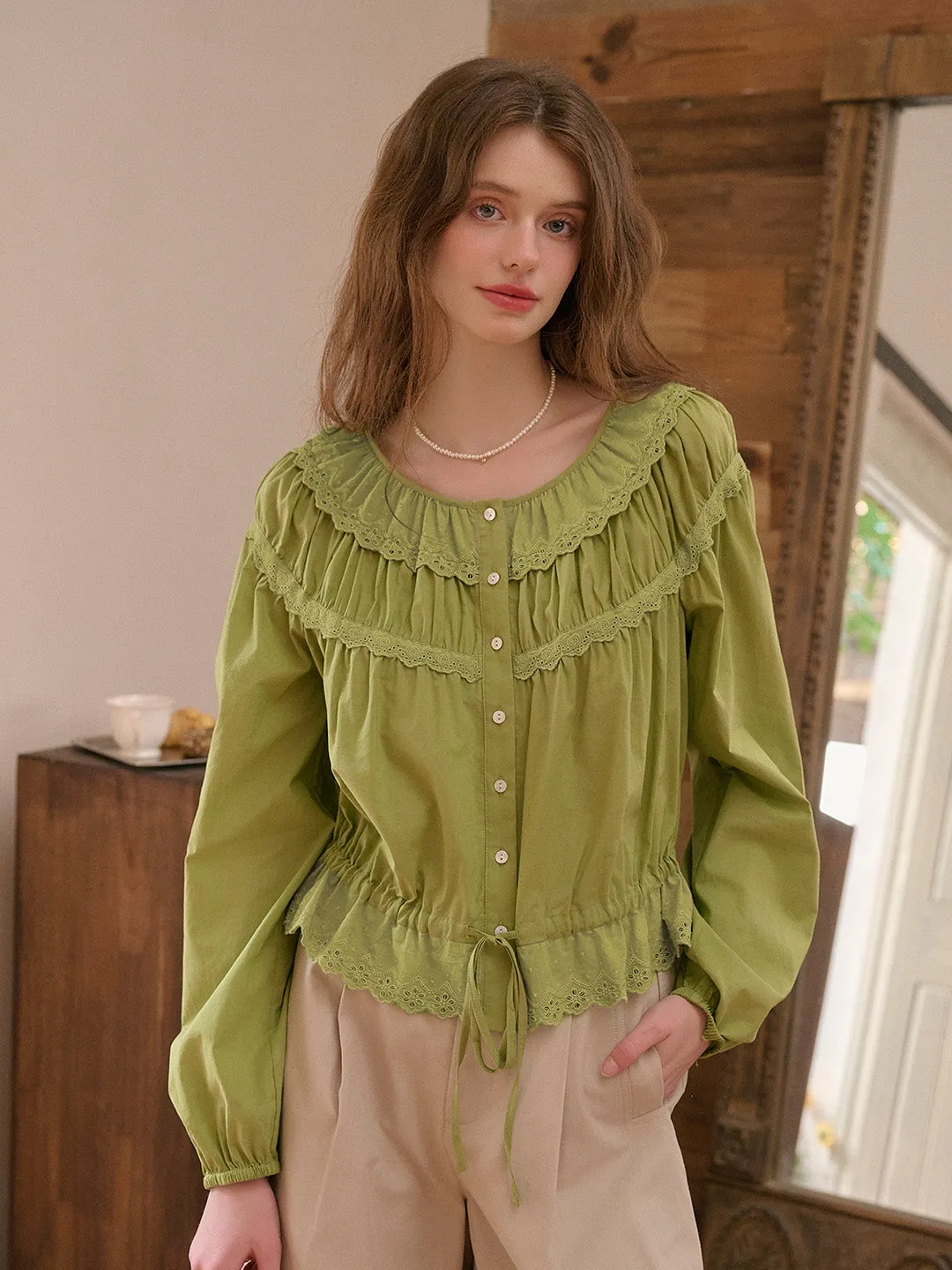 Cold Weather ??Final Sale??Mallory Round Neck Lace Blouse