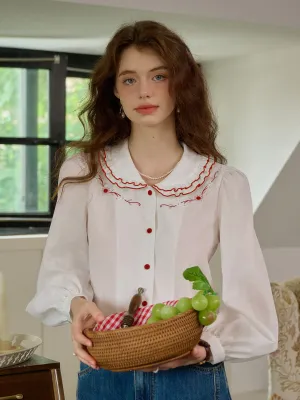Friction Resistant Shoulder ??Final Sale??Maren Peter Pan Collar Floral Embroidery Blouse - White