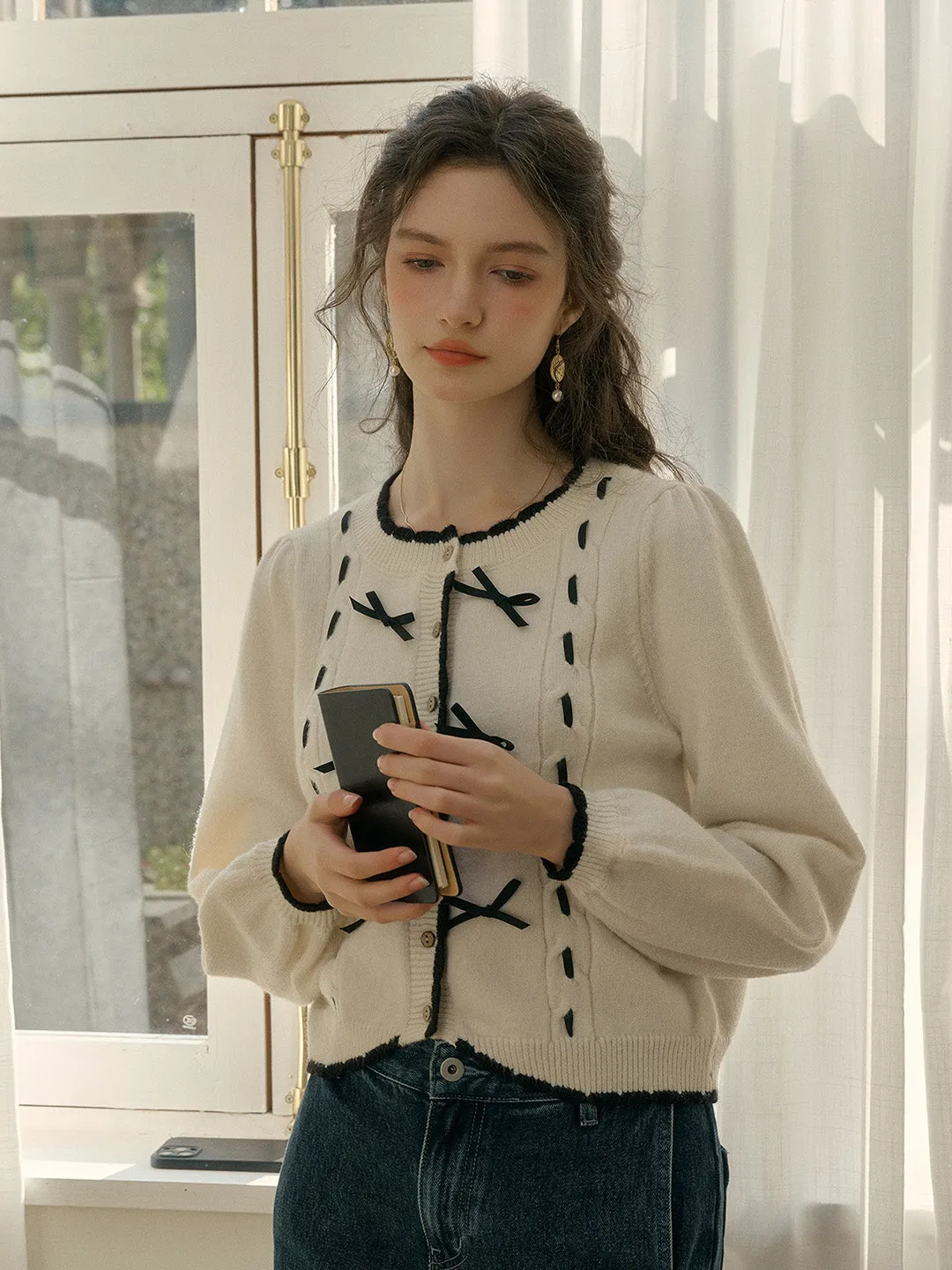 ZonalVentilation Minimalist Aesthetic ??Final Sale??Miranda Round Neck Contrast Bow cardigan