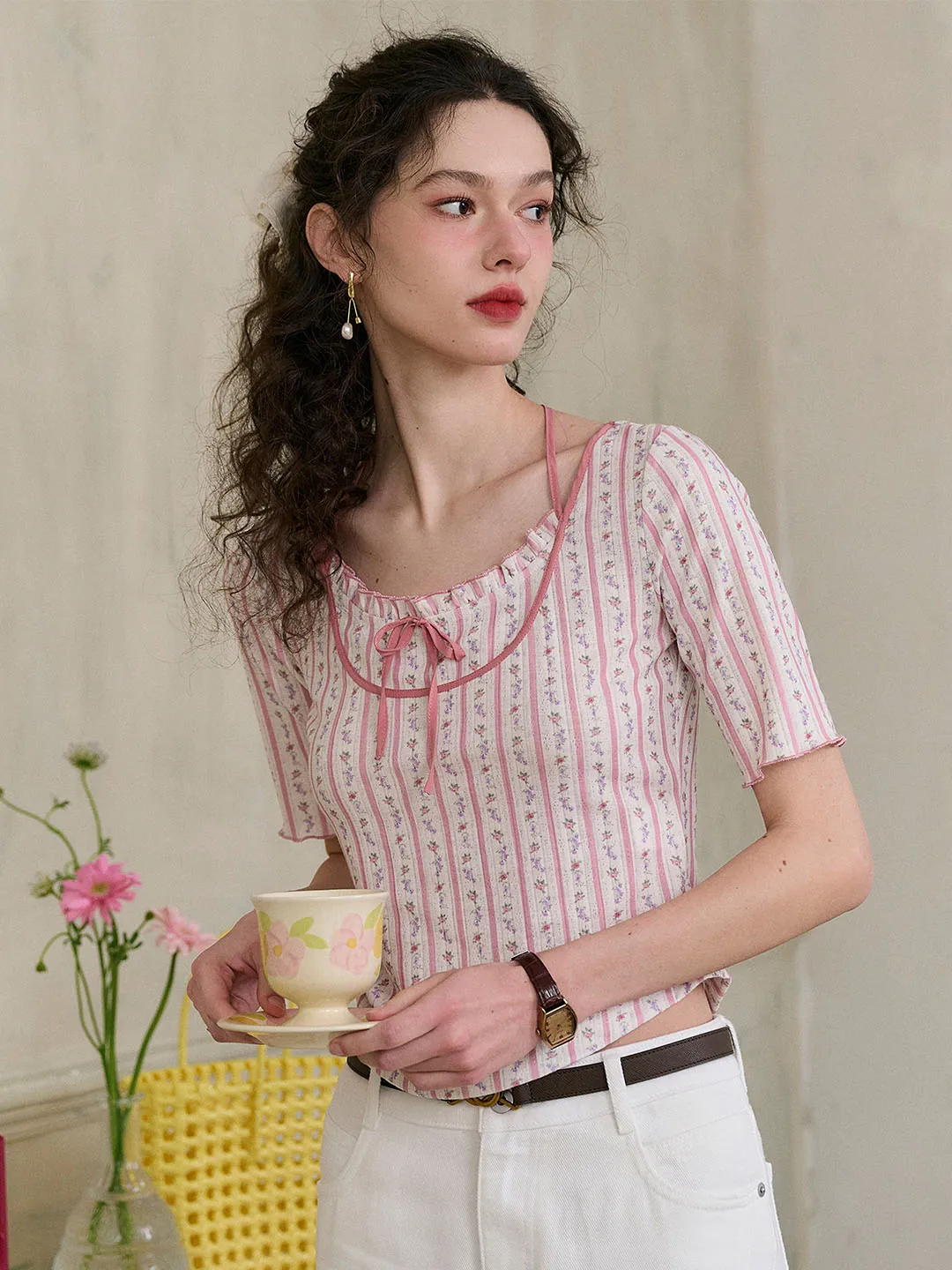 ??Final Sale??Nadia Round Neck Bow Contrast Rose Floral Print Striped Knit T-shirt Neutral Tone Palette