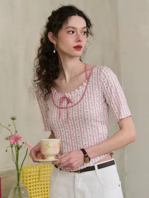 ??Final Sale??Nadia Round Neck Bow Contrast Rose Floral Print Striped Knit T-shirt Neutral Tone Palette