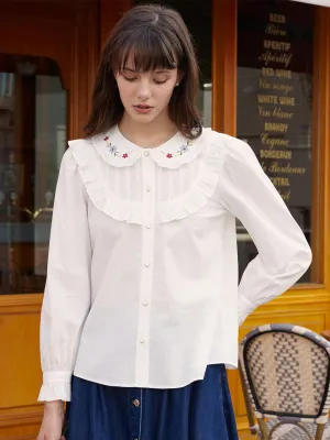 ??Final Sale??Nancy Floral Embroidered Doll Neck Cotton Blouse Ergonomic Pattern Design Light Fabric