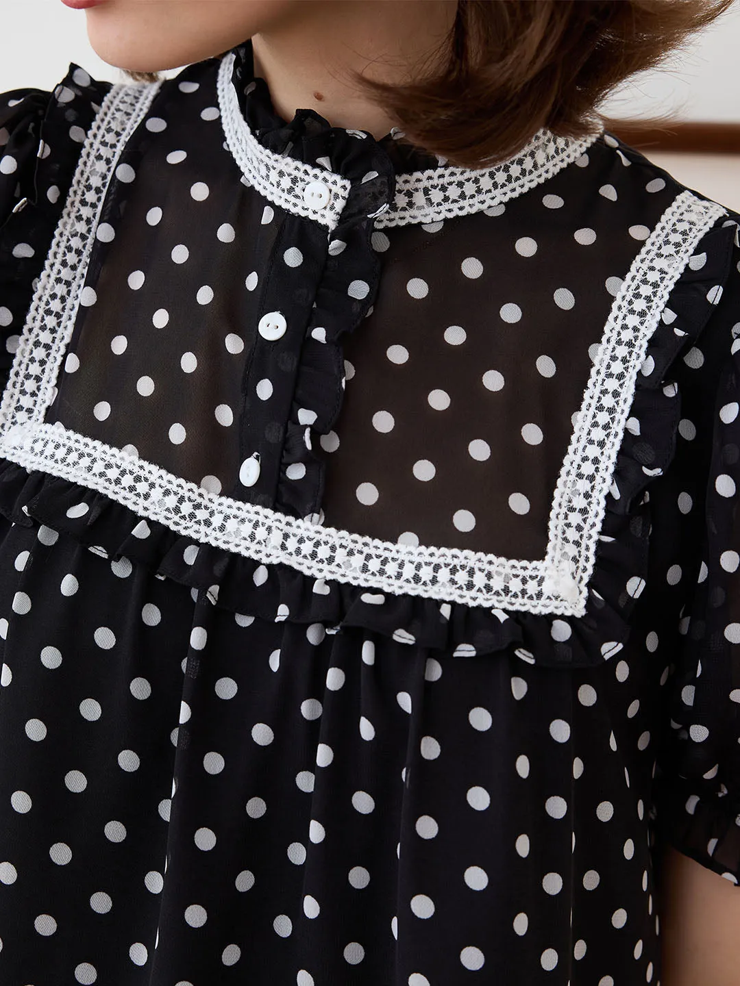 Chic Sweater ??Final Sale??Natasha Polka Dot Print Mock Neck Puff Sleeve Chiffon Blouse