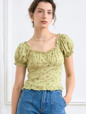 ??Final Sale??Nia Ditsy Floral Print Ruched Bust Frill Trim Blouse SeamFreeShoulder Rolled Hem Finish