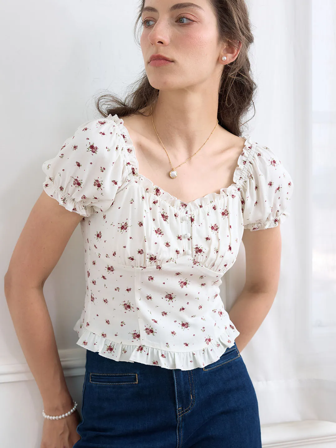 ??Final Sale??Nia Ditsy Floral Print Ruched Bust Frill Trim Blouse Bonded Seam Innovation Reverseble Design